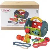 Tolo Bio Gereedschapskist | 14-delige kindergereedschapset met schroevendraaiersleutelconnectoren Schroeven Bouten Moeren en tandwielen | Educatief S