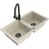 Mexen Mario granieten gootsteen 2-kamer met keukenmengkraan Elia, beige - 6504-69-670101-70