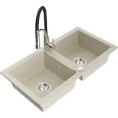 Mexen Mario granieten gootsteen 2-kamer met keukenkraan Aster, beige - 6504-69-73450-07