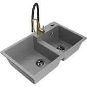 Mexen Tomas granieten gootsteen 2-kamer met keukenkraan Aster, grijs - 6516-71-73450-57-B