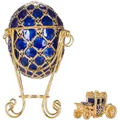 Danila-Souvenirs Faberge-stijl Keizerlijk kroningsei juwelendoos juwelenkistje met koets 19 cm blauw