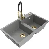 Mexen Tomas granieten gootsteen 2-kamer met keukenkraan Aster, grijs - 6516-71-73450-57-G
