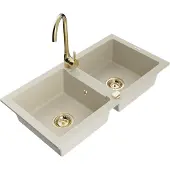 Mexen Mario granieten gootsteen 2-kamer met keukenkraan Telma, beige - 6504-69-670200-50