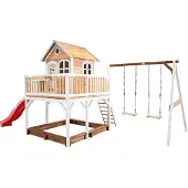 Axi Liam Speelhuis op palen, zandbak, dubbele schommel & rode Glijbaan | Speelhuisje voor de tuin / buiten in bruin & wit van FSC hout | Speeltoestel voor kinderen