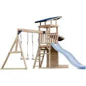 Axi Malik Compleet Speeltoestel met 2 Schommels, Glijbaan Pastel Blauw | Speeltoren tuin met Zandbak en Speelwand / Glijbaan met wateraansluiting | Speelhuis van hout op palen voor buiten