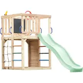 Axi Sam Klimtoestel van Hout in Bruin met Glijbaan in Pastelgroen | Speeltoren voor kinderen met Klimwand, Klimnet & Klimrek| Inclusief Accessoires | Speeltoestel voor in de tuin