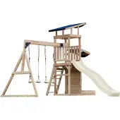 Axi Malik Compleet Speeltoestel met 2 Schommels, Glijbaan Crème | Speeltoren tuin met Zandbak en Speelwand / Glijbaan met wateraansluiting | Speelhuis van hout op palen voor buiten