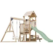 Axi Mette Compleet Speeltoestel met 2 Schommels, Picknicktafel | Speeltoren tuin met Schommels/Zandbak/Glijbaan Pastel Groen /Telescoop| Speelhuis van hout op palen voor buiten