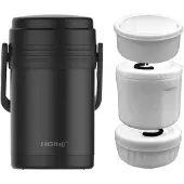 KINGHOFF KH-1396 Etensthermos - Roestvrijstalen 3-delige Lunchset 1,5L - Zwart - Dubbelwandig, Lichtgewicht & Onbreekbaar
