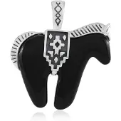 Cavill - Zilveren Hanger Geoxideerd Sterling Zilver - 25,65 Ct Zwarte Agaat Fancy Cabochon - Paardenhanger Dames Sieraden 40x38 mm