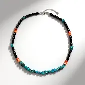 Cavill - Handgemaakte Zilveren Halsketting - 925 Sterling Zilver - Zwarte Onyx 56 ct - Turkoois & Oranje Stekeloester - Verstelbaar - Uniek Design