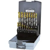 RUKO Set van spiraalboormachines, DIN 338, type N, met een diameter van 1-10 mm en een schroefdraaddiameter van 0,5 mm, met TiN-coating op de kop, 19-delig, geleverd in een kunststof cassette