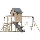 Axi Duncan Speeltoestel van Houten met 2 Schommels - Grijze Glijbaan | Speeltoren / Speelhuis op Palen voor kinderen met Klimrekken, Monkey Bars, Trapeze & Picknickbank | Schommelrek voor in de Tuin
