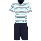Hajo Pyjama kort aqua / donkerblauw / grijs gemêleerd / wit