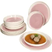 MamboCat 12-delig servies REACTIVE GLAZE PARIS crème & roze steengoed