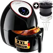 Monzana Heißluchtfriteuse, 6,5 liter, inclusief bakvorm, pizzaplaat, grillrooster, hete luchtoven, 1850 W, zonder vet of olie, keuken, receptenboekje, kunststof, zwart