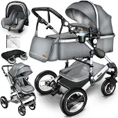 Kiduku KIDUKU- 3 in 1 combi-kinderwagen- grijs/zilver- buggy incl. autostoeltje-regenhoes- inklapbaar