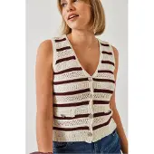 Bianco Streeppatroon V-hals Korte Vest met Knopensluiting