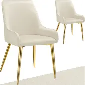 TecTake Eetkamerstoel Avane - Fluweeloptiek - Ergonomische gestoffeerde stoel met gouden stalen poten - Draagkracht 120 kg - Moderne eetkamer- en keukenstoel - Set van 2 - Beige