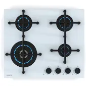 Klarstein Illuminosa 4 Gaskookplaat - 4 Sabaf-branders, 4 kW wokbrander, Gehard glas, Elektrische ontsteking, Gasfornuis compatibel, Verbeterde kookprestatie, Wit, 59.1x13x51 cm