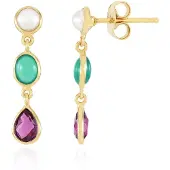 Cavill - Zilveren Oorbellen Verguld - Framboos Rhodoliet 0.9 ct Druppelvormig - Groene Onyx & Witte Zoetwaterparels - Elegant & Modern 23 mm