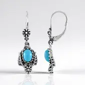 Cavill - 925 Sterling Zilver Oorbellen met Sleeping Beauty Turkoois 1,215 ct - Ovaal Cabochon Edelsteen - Vintage Bloemdesign - Licht & Stijlvol