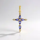 Cavill - Zilveren Hanger - 925 Sterling Zilver Verguld - 0,955 ct Blauwe Tanzaniet Druppelvorm - 12 Zirkonen Pave - Elegant Kruis Design Sieraad