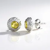 Cavill - Zilveren Oorstekers - 925 Sterling Zilver met Platina Laag - Gele Beryl 0,874 ct - Ronde Briljant Bezelzetting - Elegante Oorbellen