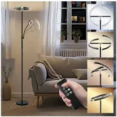 TecTake Dimbare LED Vloerlamp met Leeslamp en Afstandsbediening – Moderne Booglamp – Verstelbaar Sfeer- & Leeslicht – Zwart – 166 cm