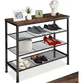 TecTake Smal Schoenenrek met Opbergruimte – Hout & Metaal, Industriële Stijl, 4 Niveaus, 3 Roosterplanken, 80,5x30,5x72,5 cm – Industrial Dark Brown