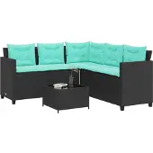vidaXL Tuinbank met tafel en kussens L-vormig zwart poly rattan