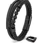 SERASAR Lederen Herenpolsbandje [Pearl] - Zwart 17cm - Geweldig-Idee