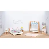 Goki Poppenhuismeubeltjes: DESIGN SLAAPKAMER, 18-delig, bed 12,7cm, beukenhout en stof, 3+