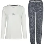 Louise Dames pyjama set lang katoen donkerblauw/wit gestipt