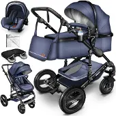 Kiduku KIDUKU- 3 in 1 combi-kinderwagen- blauw/zwart- buggy incl. autostoeltje-regenhoes- inklapbaar