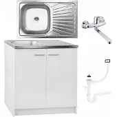 Stamar | Keukenonderkast, wit, staand model, 80 cm - Spoelbak - Wandmengkraan, chroom - Afvoer (sifon)
