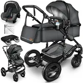 Kiduku KIDUKU- 3 in 1 combi-kinderwagen- antraciet/zwart buggy incl. autostoeltje-regenhoes- inklapbaar