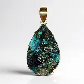 Cavill - Zilveren Hangertje 925 Sterling Zilver Verguld - Gem Silica Druzy 47,4 ct - Peervorm - Bali Barong Stijl - Blauw Groen Glans