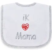 Funnies geborduurd tekst slabbetje: ik hartje mama (rood)