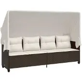 vidaXL Ligbed met luifel en kussens poly rattan bruin