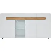 MODFU Opbergkast 140x40x70 cm van spaanplaat, met deuren en LED-app, wit/naturel