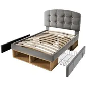 MODFU Eenpersoonsbed 90x200 cm – Verstelbaar hoofdbord & opberglades – Klassiek design – Fluweel – Grijs