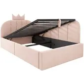 MODFU Beklede bedbank, uitschuifbaar, 90x200 cm, met kroon- en roosterdesign, kinderbed met opbergruimte (hydraulisch), geschikt voor een kinderkamer, zonder matras, roze