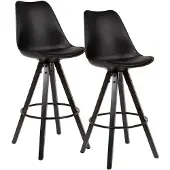 Wohnling Set van 2 barkrukken, zwart, kunstleer / massief hout. Scandinavische barkrukken, 2 stuks, met zwarte poten. Krukken met rugleuning, zithoogte 77 cm