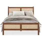 Idimex Massief houten bed CEFIRA 140x200 cm met rotanvlechtwerk – kastanje-afwerking