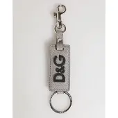 Dolce&Gabbana Grijze Leren Logo Metaalring Sleutelhangerhouder Mannen Sleutelhanger