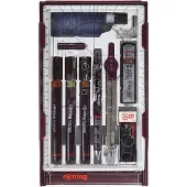 Rotring Isograph-pennenset technische pen en vulpotlood masterset | 3 fineliners (0,1 mm, 0,3 mm, 0,5 mm), vulpotlood (0,5 mm) en Kompas, plus accessoires | 10 stuks