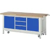 RAU Werkbank Serie 8569, neerlaatbaar, 3 schuiflades, 2 legborden met deur