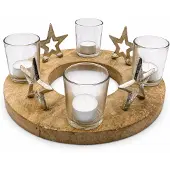 WDMT Teakhouten Waxinelichthouder Ster Ø 30 cm – Houten Theelichthouder met 4 Glazen Waxinehouders – Landelijke Tafeldecoratie en Kerstdecoratie – Bruin