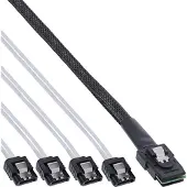 Intos SAS verbindingskabel, Mini-SAS SFF-8087 naar 4x SATA, 1:1, OCR, 0,75m